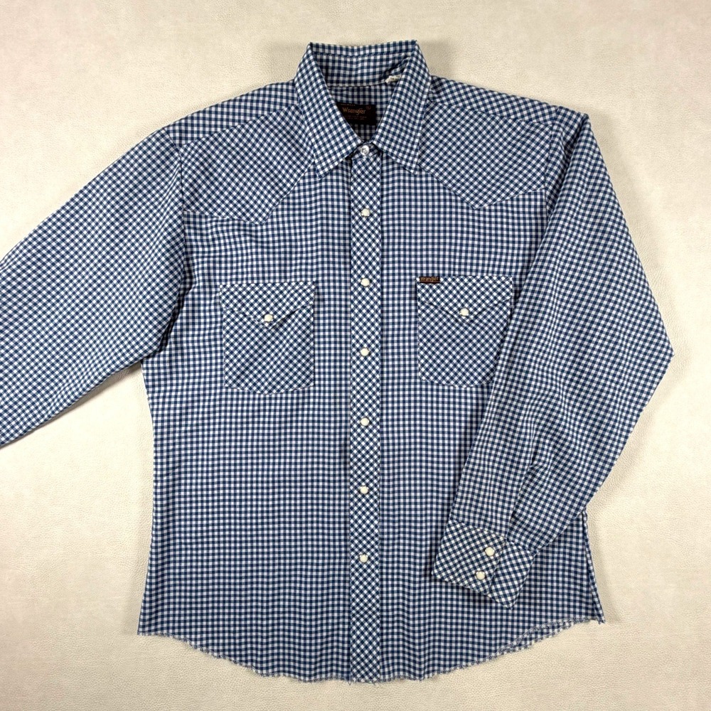 Vintage Wrangler Western Pearl Snap Shirt Mens Large Blue Gingham 80s USA Made